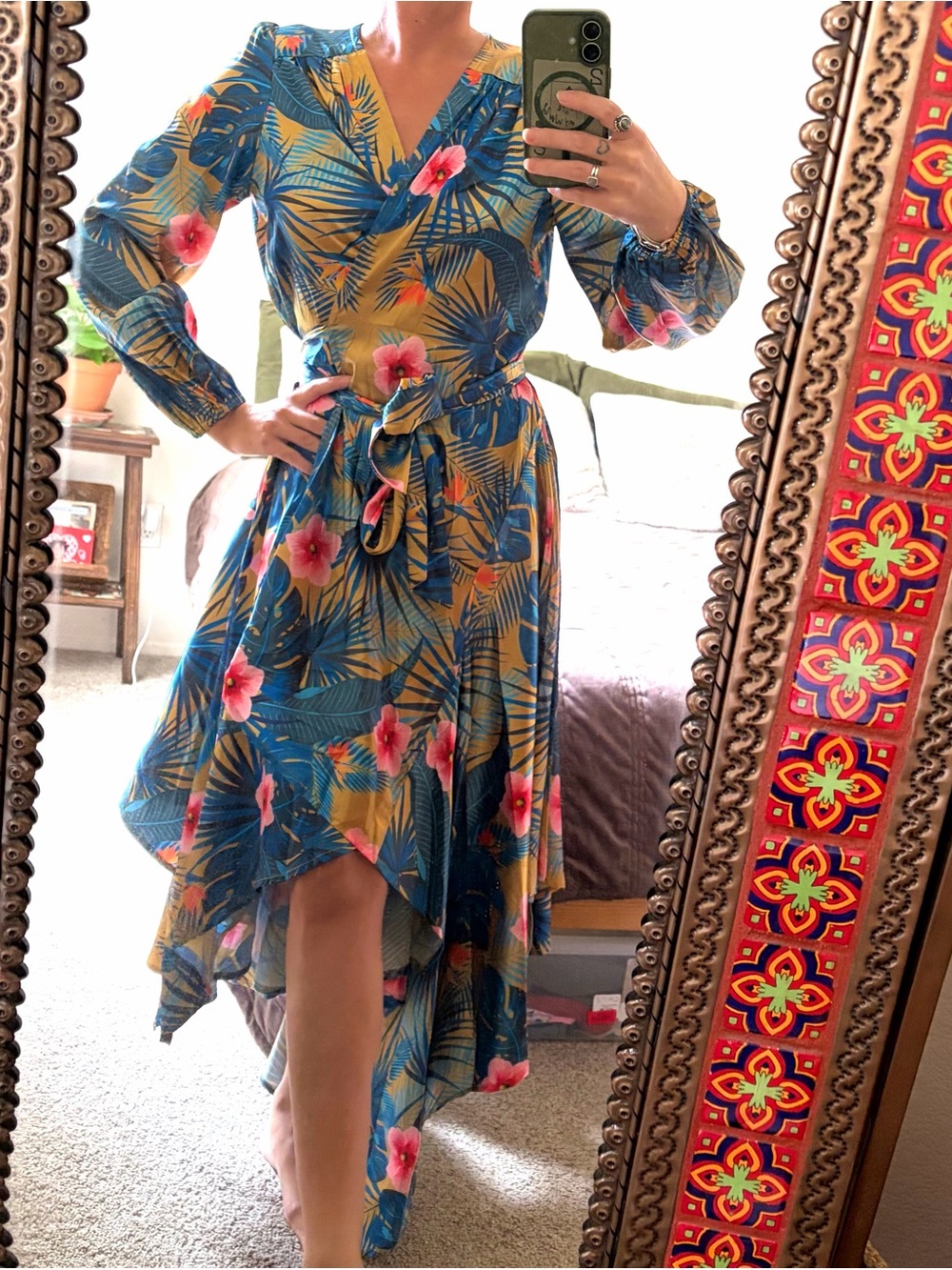 Tropical floral silky wrap dress high low